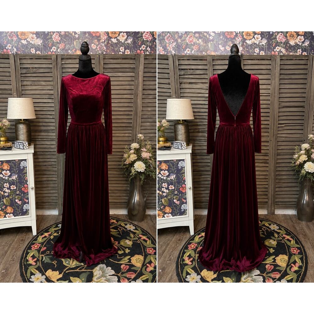 Burgundy Black Velvet Gown Size 8 Deep V Back Long Sleeve NWT Renz - Picture 3 of 9